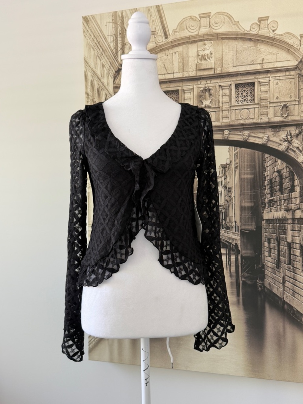 NWT Black Lace Ruffle-Front Women's Top